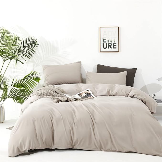 Houseri Beige Queen Comforter Set, 3 Pieces Cream Khaki Queen Size Comforter Soft Bedding for All Seasons Modern Light Taupe Light Brown Comforters Lightweight Comfy Warm Elegant Solid Tan Oatmeal Bed