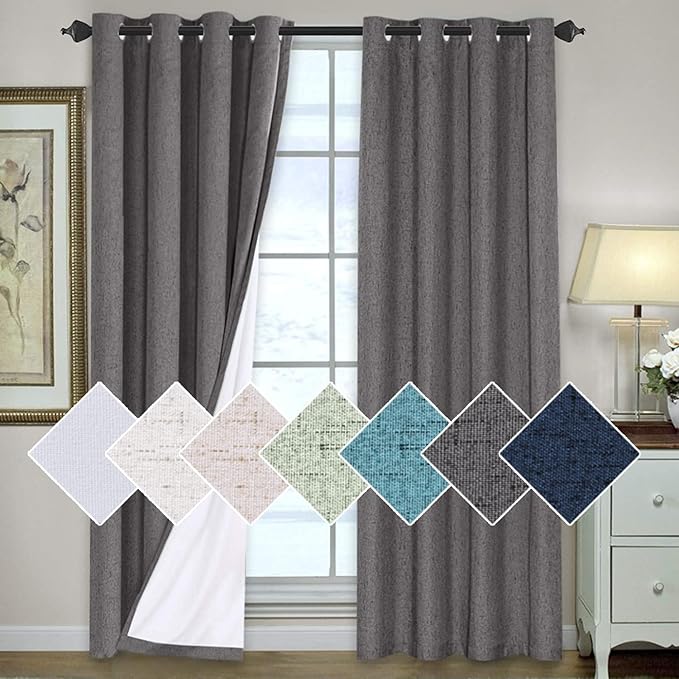 H.VERSAILTEX 100% Blackout Curtains for Bedroom 108 Inches Long Grommet Linen Face Full Light Blocking Curtain Drapes for Living Room Thermal Linen Look Curtains 2 Panels Set, 52" W x 108" L, Grey