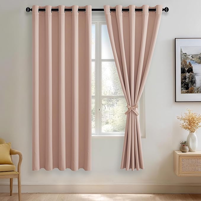 JIUZHEN Blush Pink Blackout Curtains with Tiebacks Thermal Insulated, Light Blocking and Noise Reducing Grommet Curtains for Bedroom and Living Room,Set of 2 Window Curtain Panels, 60 x 72 Inch Length