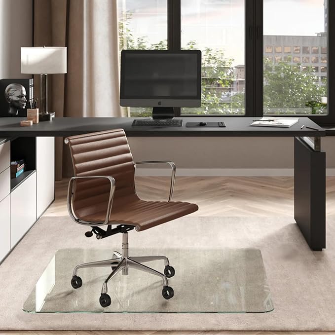 Vitrazza Glass Chair Mat 45” x 53” Superior ¼ Thick, Chiaro Standard Clear, Certified Tempered Safety Glass, Delivers a Smooth Glide, Protects Carpet or Wood, Beautiful in Home or Office.