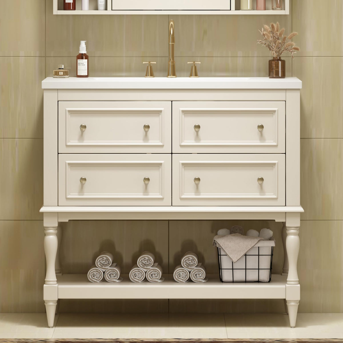 Merax Country 36" Bathroom Vanity with Ceramic Sink, 4 Drawers & Open Shelf