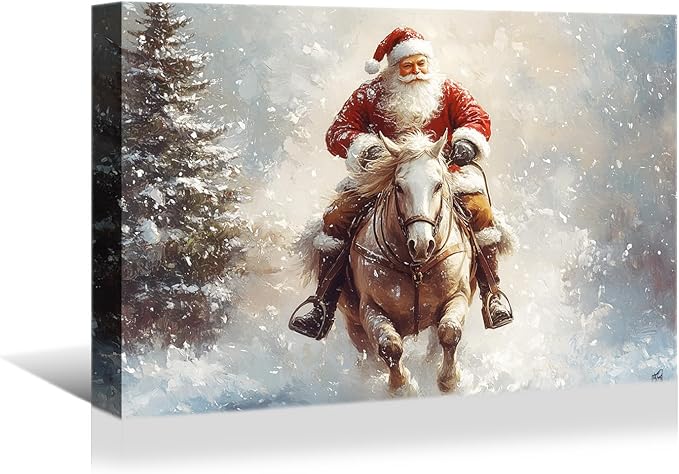 YONICA Christmas Wall Decor Santa Canvas Wall Art Home Decorations 36x24 Inches - Santa Pictures Santa Claus Riding a Horse Christmas Pine Tree Prints Winter Painting Xmas Artworks for Living Room