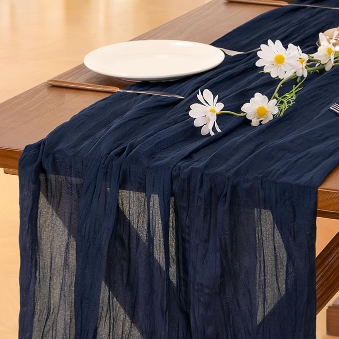Socomi 10pcs Navy Blue Christmas Cheesecloth Table Runner Boho Rustic Gauze 120 inch 10FT Cheese Cloth Runner for Wedding Party Baby Shower Birthday Home Decor Holiday Decorations