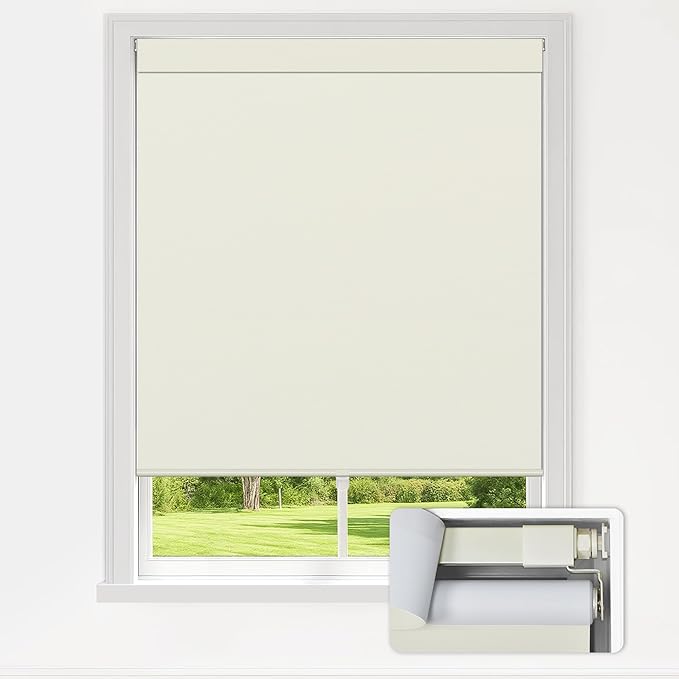 LazBlinds No Drill Blinds for Indoor Windows, Blackout Roller Shades, Cordless Window Blackout Blinds, Thermal Insulated Fabric UV Protection for Home and Office, 24.5" W x 72" H, Cream