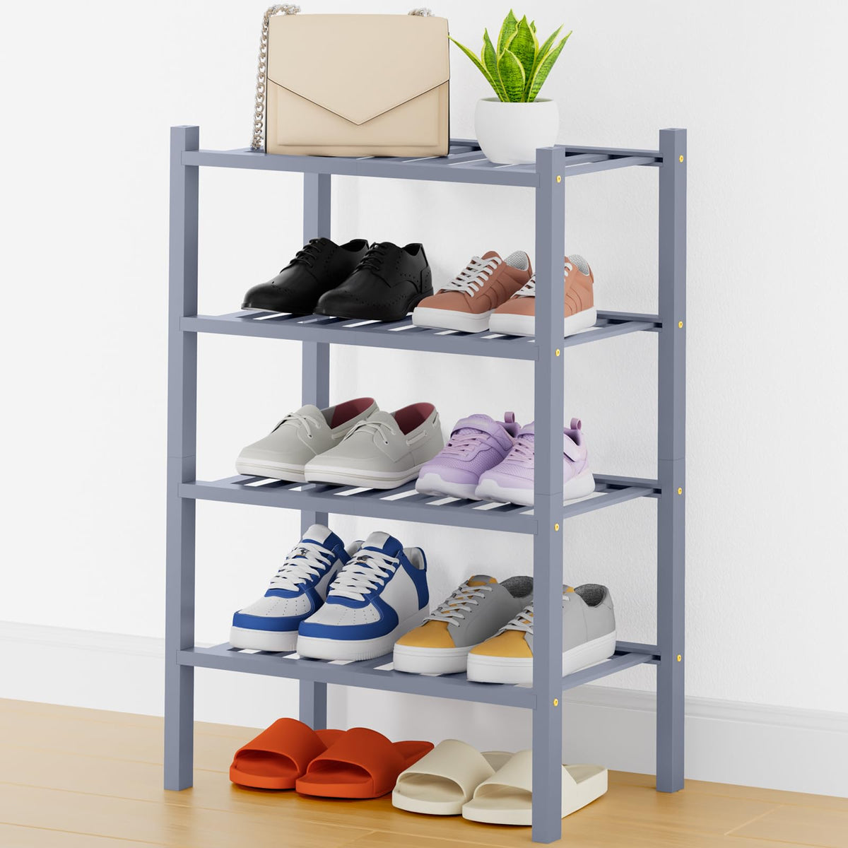 Smiry Bamboo Shoe Rack, 8 Vertical Slats, 4 Tier - 17.3" Wide, Grey