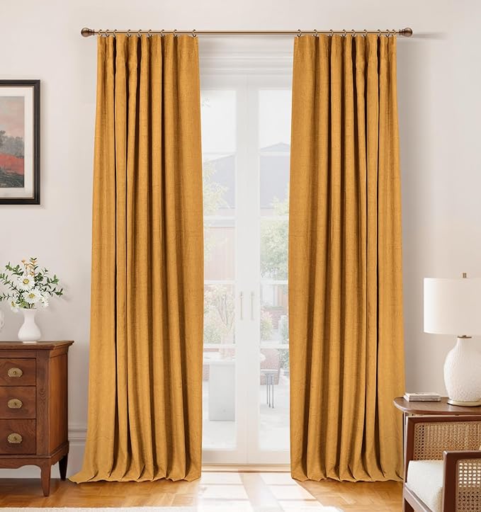INOVADAY 100% Blackout Curtains for Bedroom, Black Out Curtains 96 Inch Long, Clip Rings Linen Blackout Drapes, Thermal Insulated Room Darkening for Living Room, 2 Panels - Mustard Yellow,W50xL96
