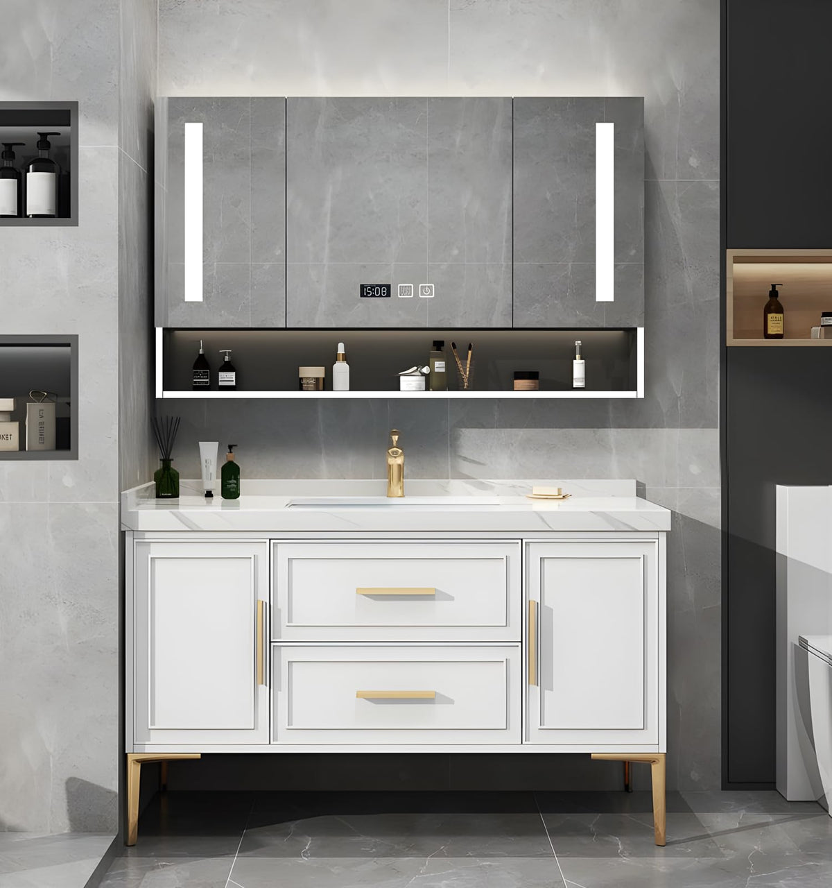 Freestanding Bathroom Vanity with Sink, Solid Wood Bathroom Vanity with Intelligent Anti-Fog Mirror Cabinet and Floating Shelf, Traditional Vanities Set, Countertop & One-Piece Sink (White,36")
