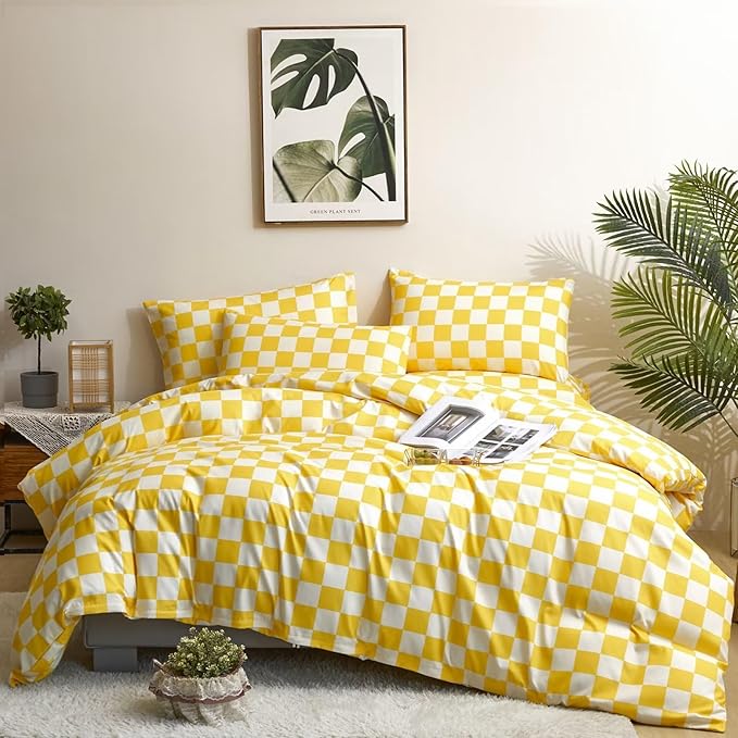 Houseri Yellow and White Comforter Set Queen Buffalo Plaid Light Yellow Bedding Grid Comforters Queen Size Women Girls Bright Yellow Checkerboard Comforter Elegant Yellow Gingham Bedding Blanket Queen
