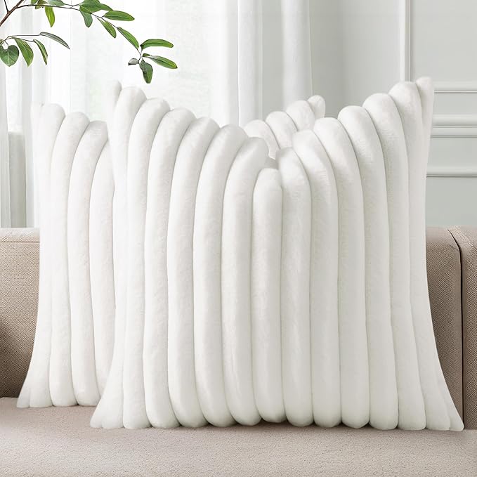 Pallene Faux Fur Plush Throw Pillow Covers 26x26 Set of 2, Luxury Soft Fluffy Striped Decorative Pillow Covers for Sofa, Couch, Living Room, White