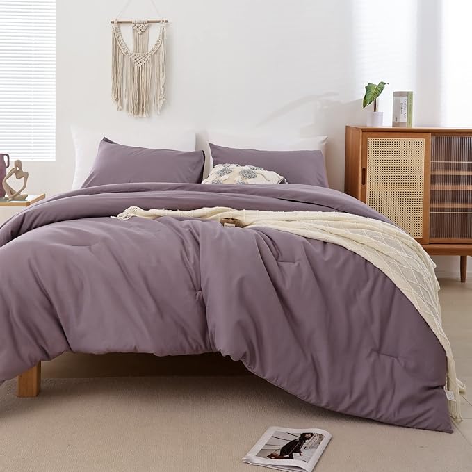 ROSGONIA California King Comforter Set Dusty Purple, 3pcs (1 Boho Cal King Comforter & 2 Pillowcases) All Season Bedding Bedspread Blanket Quilt
