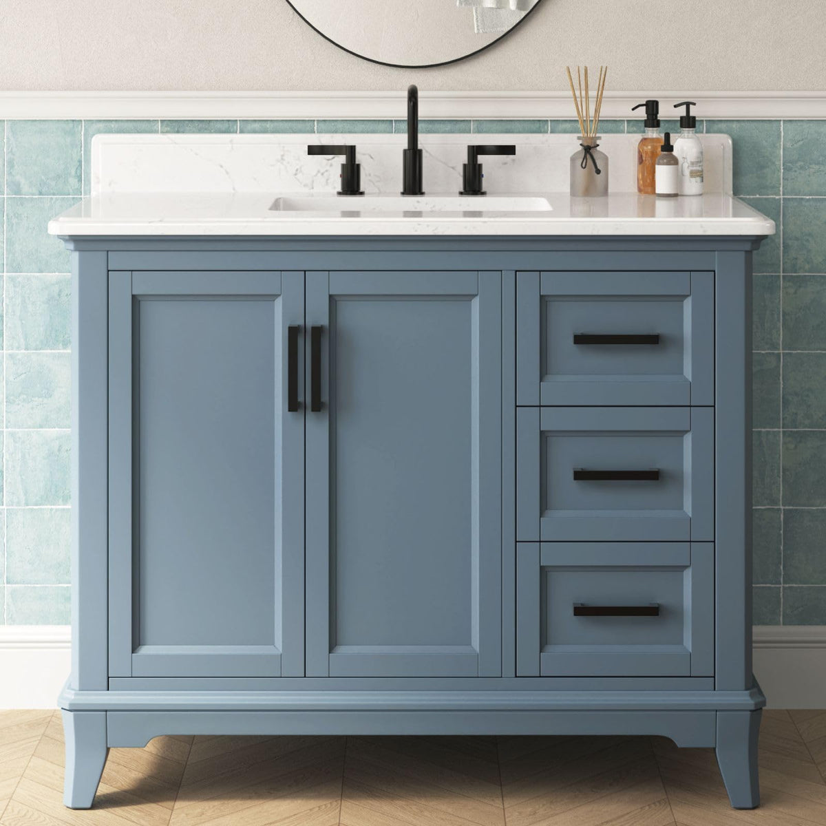 DELUXE LIVING 42 Inch Bathroom Vanity with Sink, Solid Wood, Steel Blue