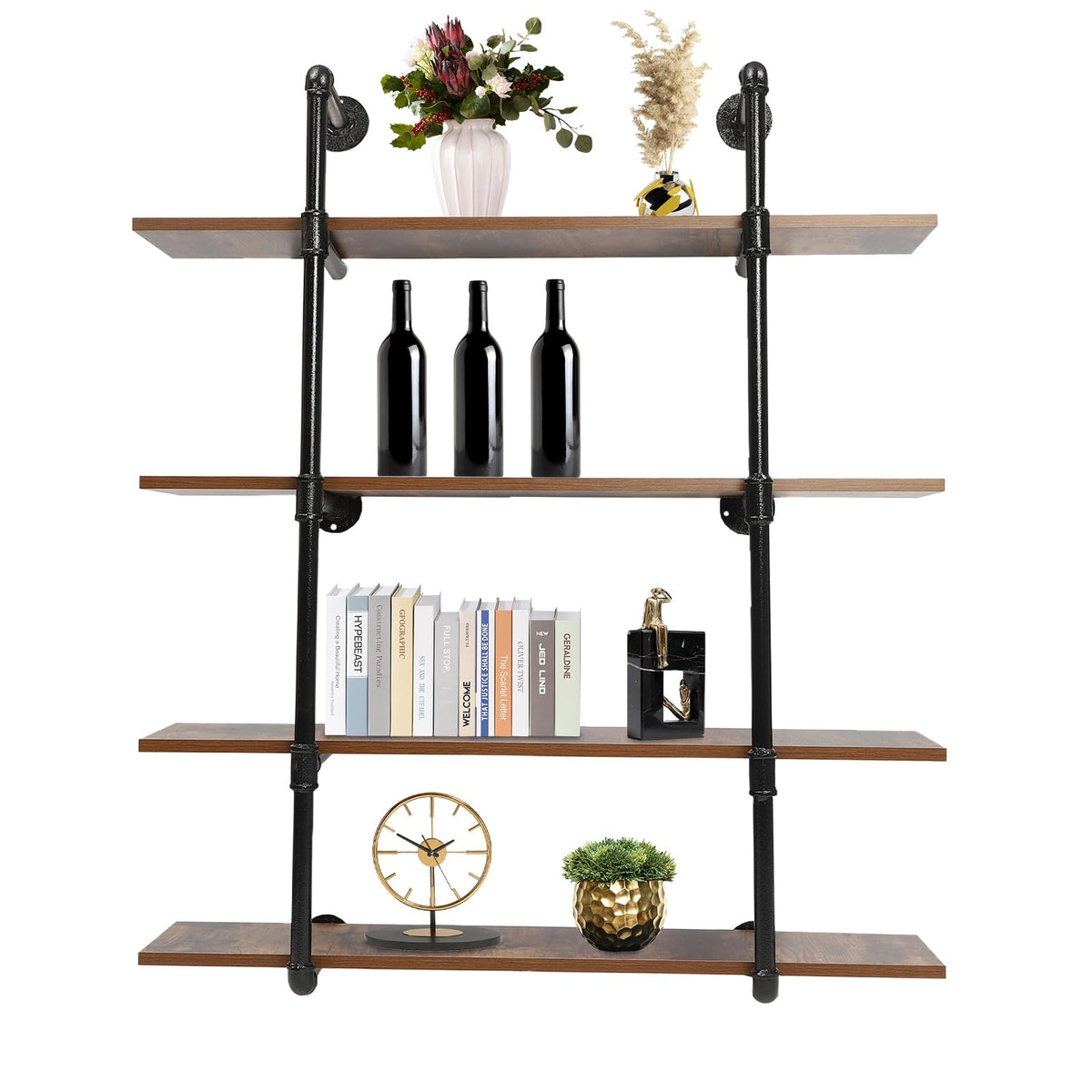 ACNAO Industrial Pipe Shelf, Wall Mounted Metal Floating Shelves, 4 Tiers Wall Shelf Unit Bookshelf Hanging Wall Shelves for Living Room, Bathroom, Kitchen Bar, Office (36 * 9.8 * 43.2 inch)