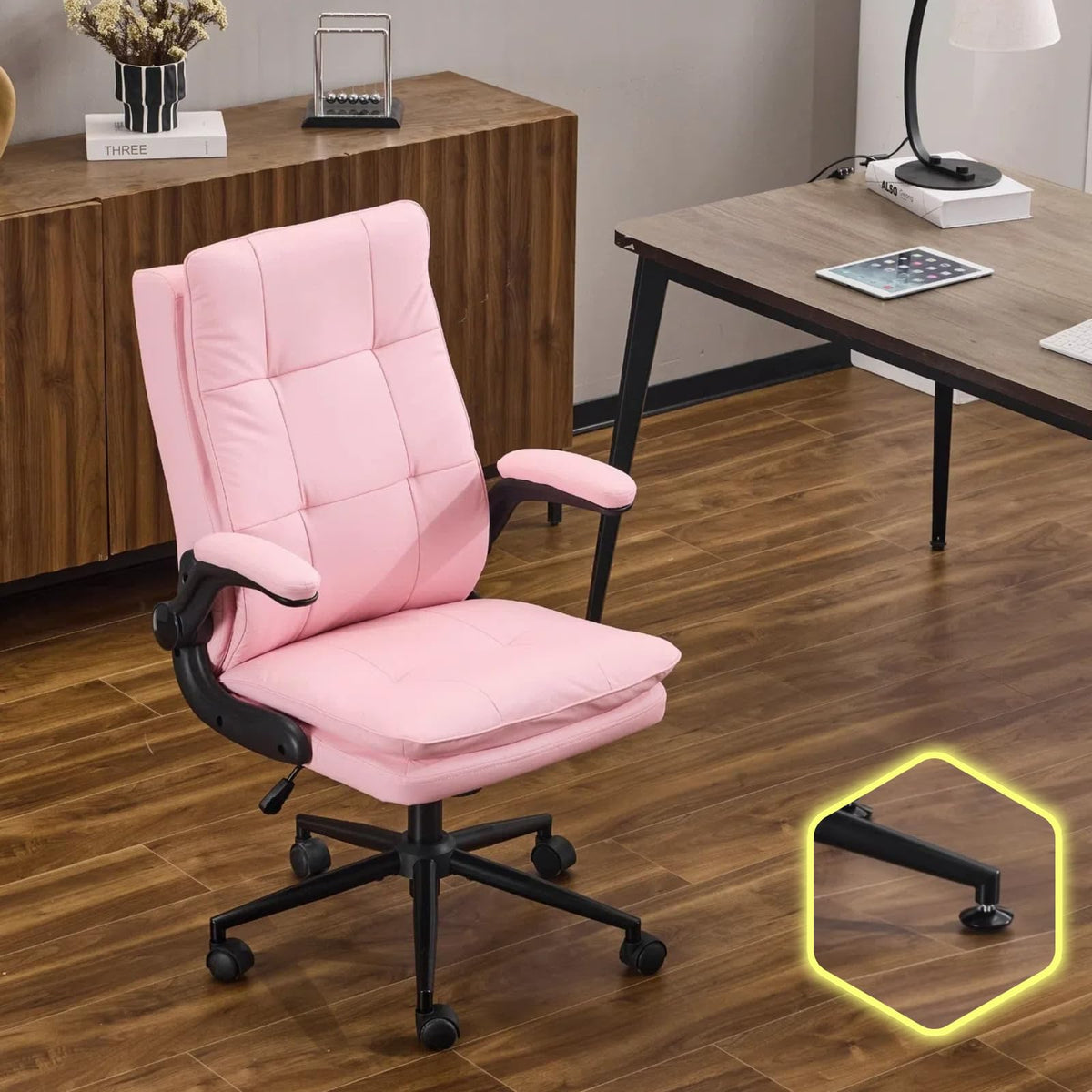 VINGLI Comfy Pink Leather Office Desk Chair,High-Back Ergonomic Computer Small Gaming Chair with/No Wheels,Adjustable Height,Flip-Up Arms,360° Swivel for Vanity,Home Office,Adults,Teen,Girls&Women