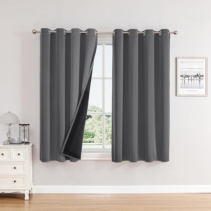 ChrisDowa 100% Blackout Curtains for Bedroom with Black Liner, 2 Thick Layers Total Blackout Thermal Insulated Grommet Window Curtains 2 Panels Set (Grey, 52 x 63 Inch)