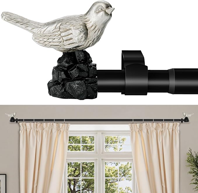 Vintage Pewter Curtain Rod 18 to 45 Inches Curtain Rods for Windows Adjustable Heavy Duty Drapery Rod with Bird Finials for Kitchen Window Living Room