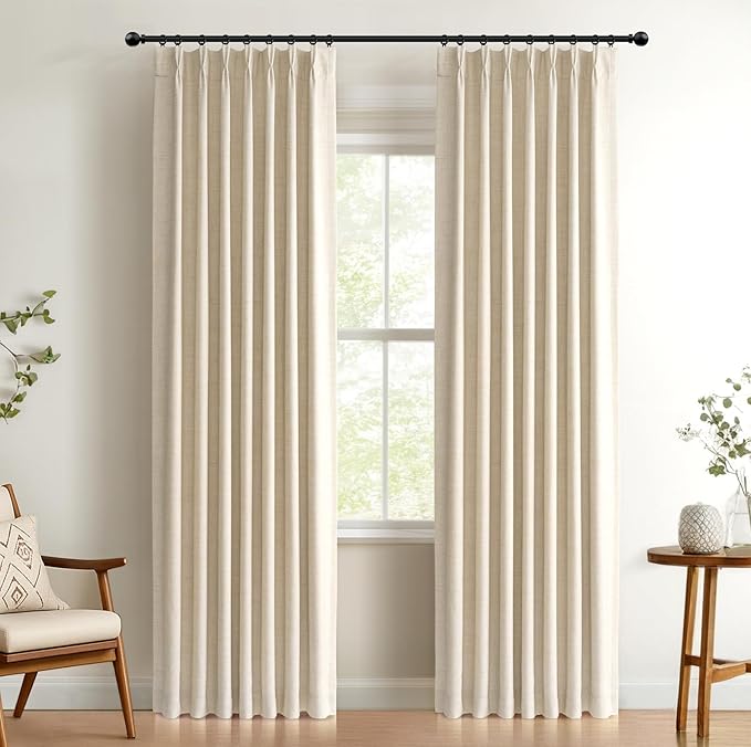 100% Blackout Shield Linen Look Textured Pinch Pleated Curtains Blackout Drapes 120 Inch Long 2 Panels Set, Faux Linen Blackout Curtains for Bedroom & Living Room, 40" W x 120" L, Cream
