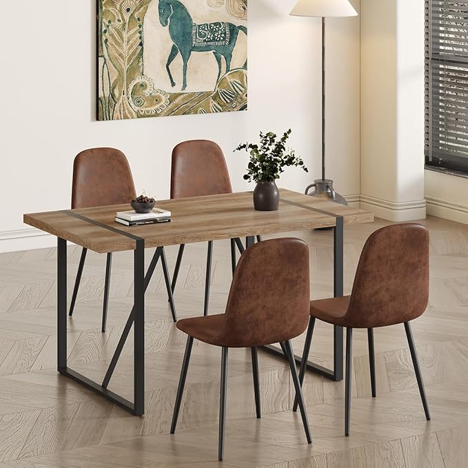 4 Chair Dining Table Set，Dinner Table Set for 4，55'' Kitchen Table and Suede Nap Fabic Chairs Set of 4, 5 Piece Dining Table Set for Kitchen Dining Room