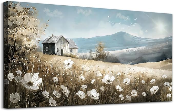 Wapluam Large Canvas Wall Art For Living Room Wall Decor For Bedroom Office Decorations Watercolour Wall Paintings Stretched And Framed Farmhouse Old house Scenery Pictures Artwork Hanging Home Decor