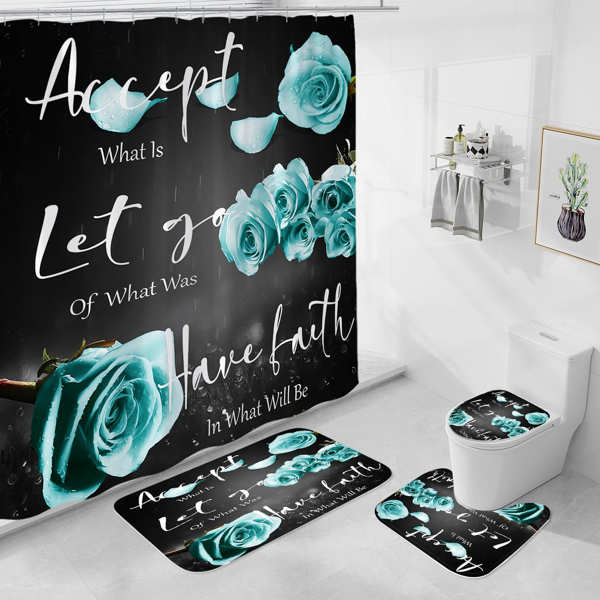 4 Pcs Blue Rose Shower Curtain Sets with Non-Slip Rug, Toilet Lid Cover and Bath Mat, Thankful Blessed Black Teal Blue Retro Elegant Shower Curtain Valentine's Day Bathroom Set(Hooks Not Included)