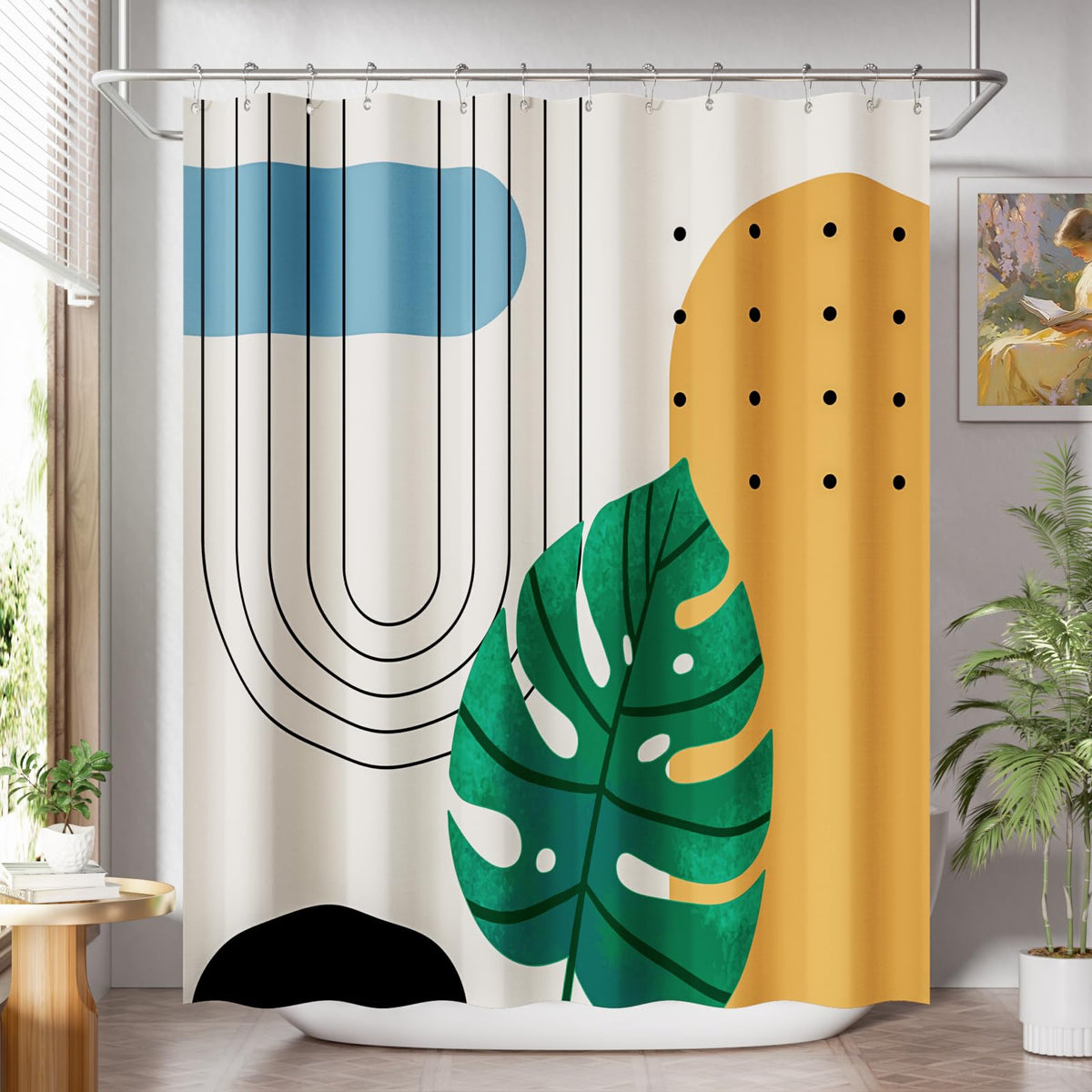 AmazerBath Boho Shower Curtain, Beige and Brown Abstract Cloth Shower Curtain with 12 Metal Hooks, Luxury Washable Farmhouse Polyester Fabric Bathroom Green Leaf Shower Curtain Set, 72x72 Inches
