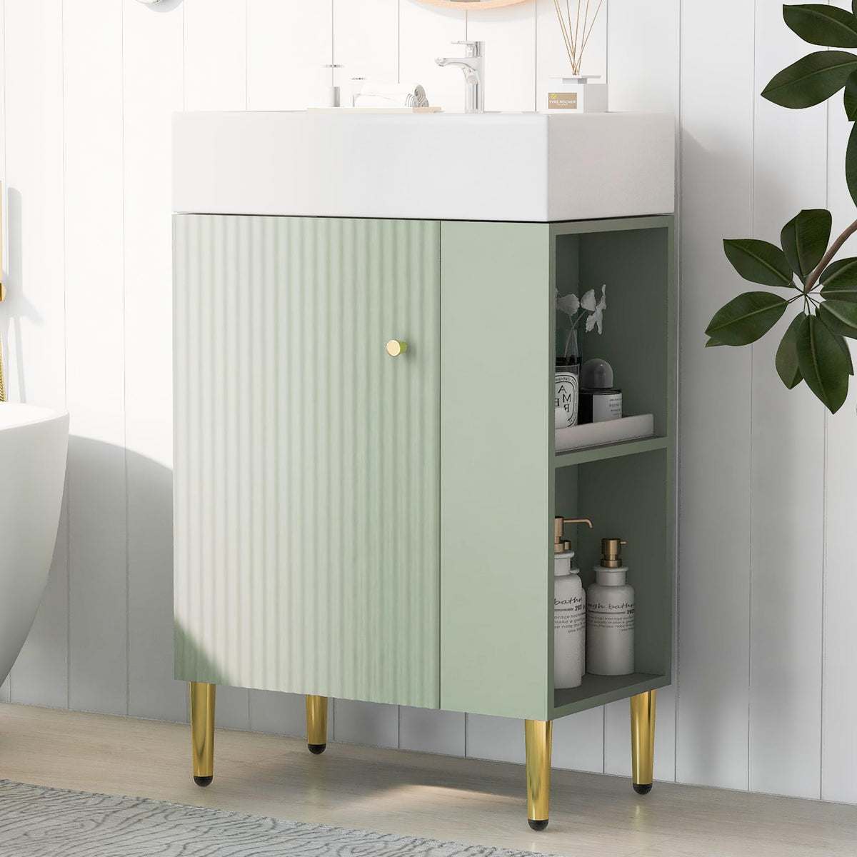 LUMISOL 21.6" Small Bathroom Vanity with Sink, Modern Freestanding Bathroom Vanity with 1 Door & Right Side Storage, Solid Wood Bathroom Cabinet with Ceramic Sink and Countertop, Green