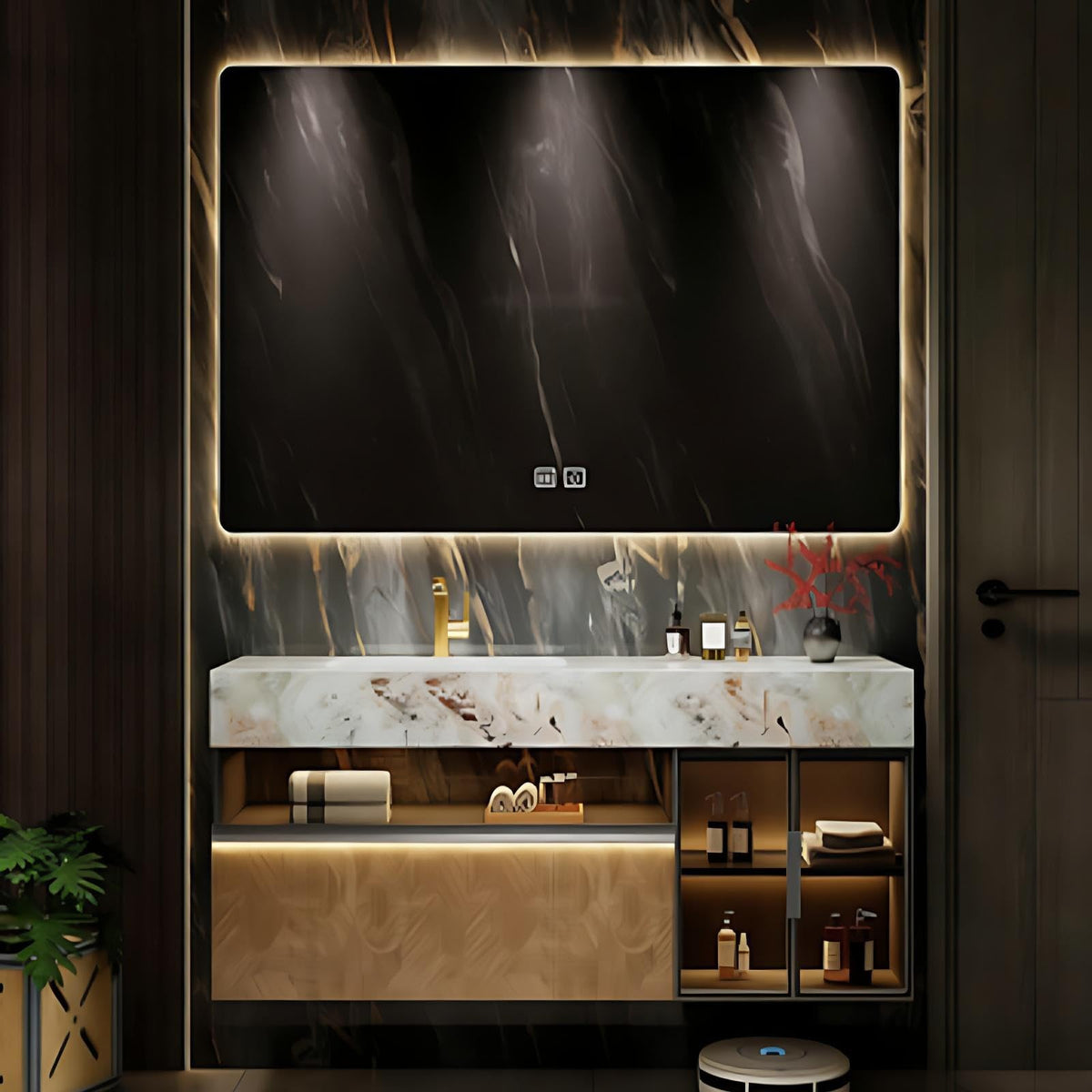 NAIROLET Vanity Bathroom LED Selfie Light, Smart Bathroom Vanity, Full Coverage Defogging Mirror, Open Shelf Storage, Smooth Slide Rail (32'')