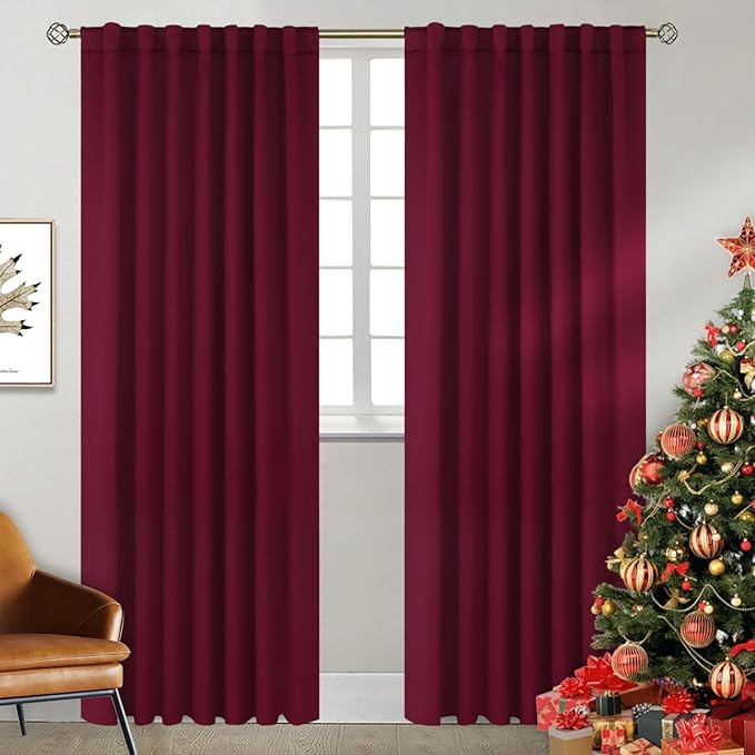 BGment Wide Christmas Red Blackout Curtains 84 inches Long - Rod Pocket and Back Tab Thermal Insulated Room Darkening Curtains for Living Room, 70 x 84 Inch, Burgundy Red, 2 Window Panels