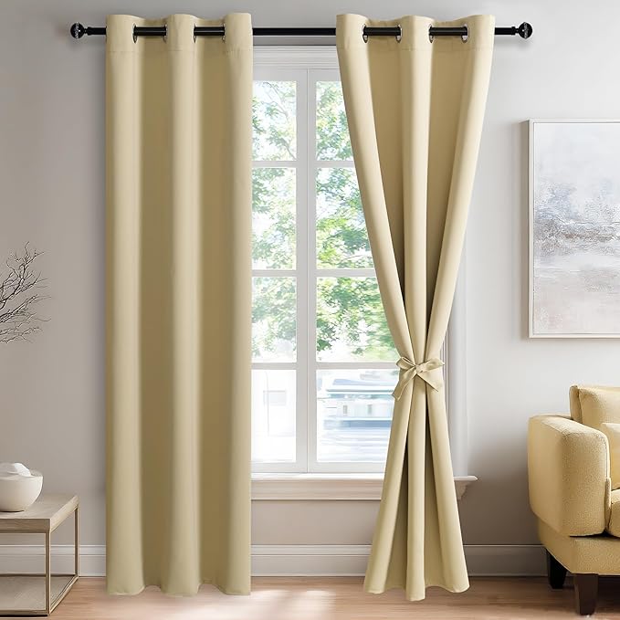 JIUZHEN Light Beige Blackout Curtains for Bedroom - Light Blocking and Noise Reducing Grommet Curtains for Living Room Darkening Curtains, Set of 2 Window Curtain Panels, 38 x 84 Inch Length