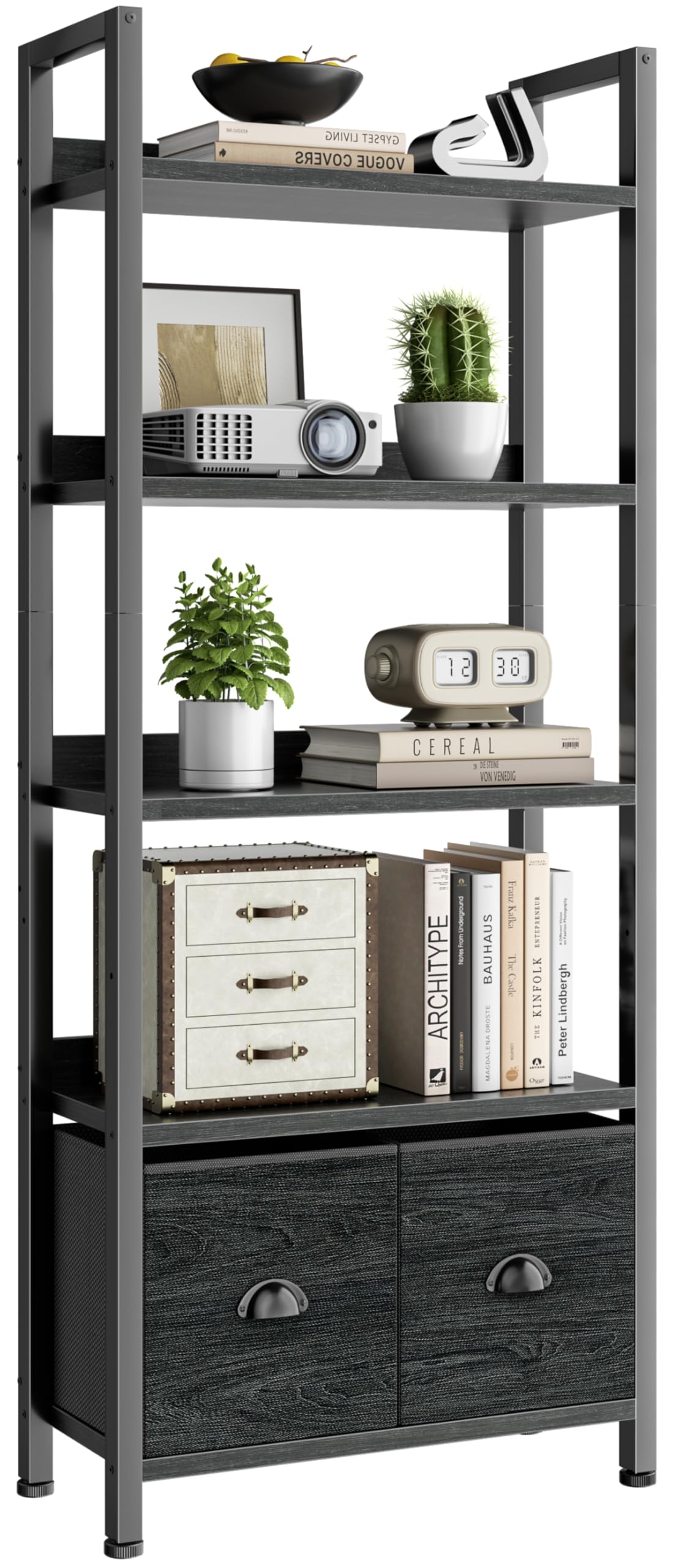 Furologee 5-Tier Bookshelf, Tall Bookcase with 2 Storage Drawers, Industrial Display Standing Shelf Units, Wood and Metal Storage Shelf for Living Room, Bedroom, Home Office, Black Oak