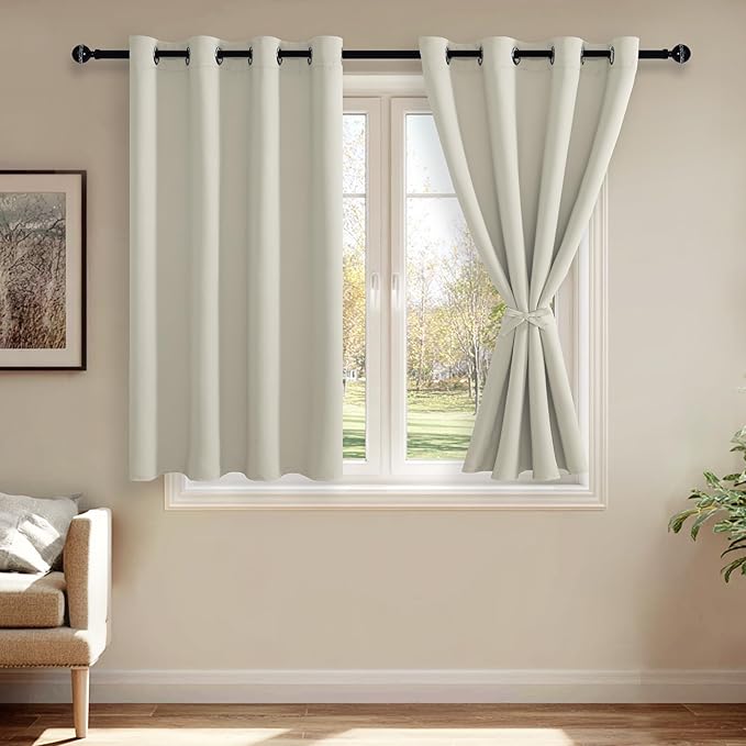 JIUZHEN Ivory Blackout Curtains with Tiebacks - Thermal Insulated, Light Blocking and Noise Reducing Grommet Curtains for Bedroom and Living Room, Set of 2 Window Curtain Panels, 52 x 45 Inch Length