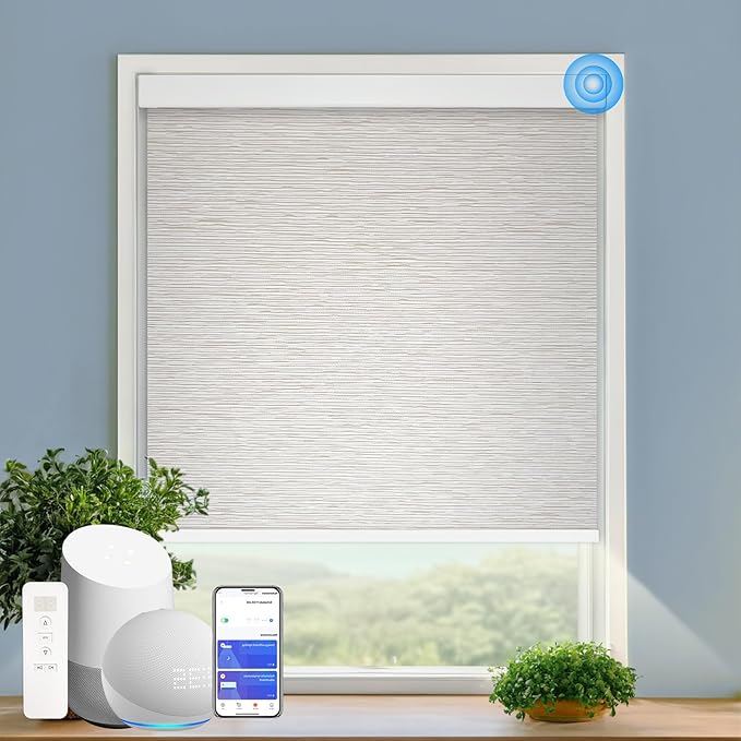 Motorized Blinds with Remote Cordless Automatic Motorized Shades Custom Blinds for Windows Smart Curtains Compatible with Alexa Google Home(Light Filtering Jacquard Beige,W58 x H72in)