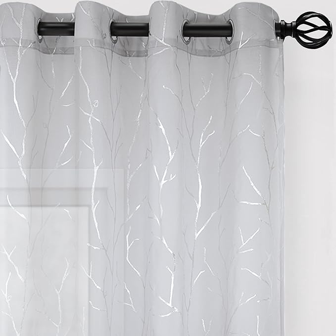 BUHUA Silver Grey Curtains 95 Inches Long for Living Room, Metallic Silver Foil Tree Branch Silver Curtain Panels, Grommet Privacy Semi Sheer Curtains, 52 x 95 Inch, 2 Panels