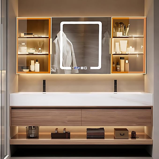 Modern Solid Wood Bathroom Vanity Set - Smart LED Fog Mirror, Floating Double Bath Sink Bathroom Cabinet, 2 Large Drawers & Open Shelves (Light Brown, 56'')