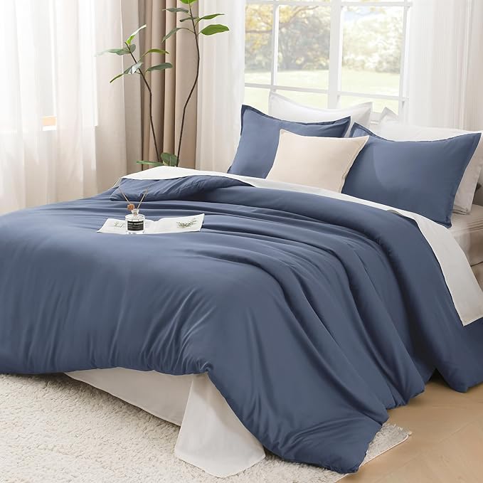 Litanika Comforters Bluish Grey Queen Size, 3 Pieces Lightweight Solid Bedding Set & Collections, All Season Fluffy Bed Set (90x90In Comforter & 2 Pillowcases)