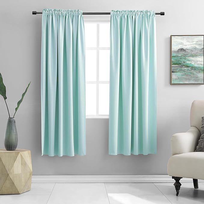 DONREN 63 Inch Length Aqua Blackout Curtains for Bedroom - Window Treatment Rod Pocket Curtain Drapes (Set of 2 Panels)