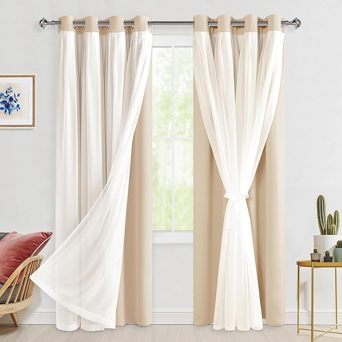 Hiasan Blackout Curtains with Sheer Overlay, Thermal Insulated Mix & Match Double Layer Room Darkening Curtains for Bedroom, Living Room, Nursery, 2 Window Panels Sewn with Tiebacks, Beige, 52W X 84L