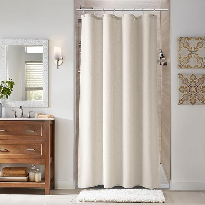 Naturoom 42 Inch Shower Curtain - Stall Narrow Half Green Linen Ultra Thick Fabric Shower Curtain Set with Hooks, Boho Farmhouse Rustic RV Camper Bath Curtains for Bathroom, Apricot, 42x72