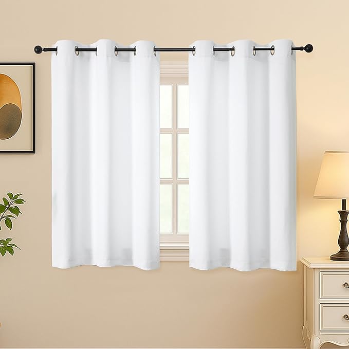 Simplebrand Pure White Light Filtering Curtains for Bedroom 45 Inches Long 2 Panels Set, Sunlight Blocking Curtains for Small Windows, Grommet Energy Saving Thermal Insulated Short Drapes, 40Wx45L