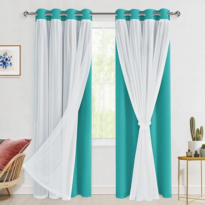 Hiasan Blackout Curtains with Sheer Overlay,Thermal Insulated Mix&Match Double Layer Room Darkening Curtains for Bedroom,Living Room,Nursery,2 Window Panels Sewn with Tiebacks,Peacock Teal,52W X 84L