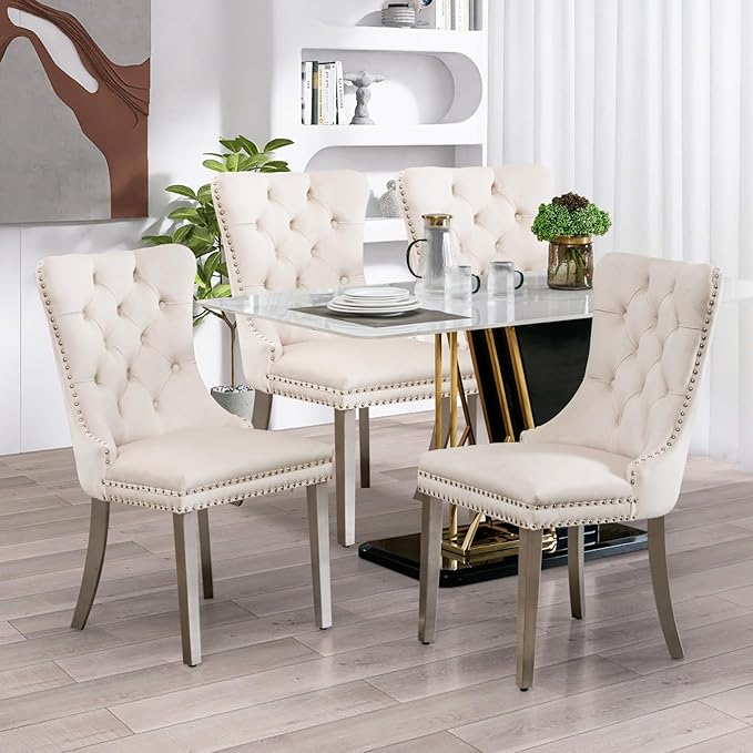 SoarFlash Velvet Dining Chairs Set of 4, Tall Back Side Chair, Modern Upholstered High-end Tufted Side Chair with Button Back Ring, Silver Legs (Beige)