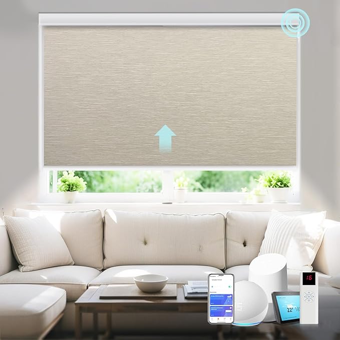 Motorized Blinds with Remote Smart Blackout Shades Electric Curtains Automatic Roller Blinds Shades for Indoor Windows Cordless with Alexa Google Home(Blackout Cloud Beige,W54x H62)