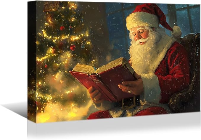 YONICA Christmas Wall Decor Santa Canvas Wall Art Home Decorations 16x12 Inches - Santa Pictures Santa Claus Reading Bible Christmas Pine Tree Prints Winter Painting Xmas Artworks for Living Room
