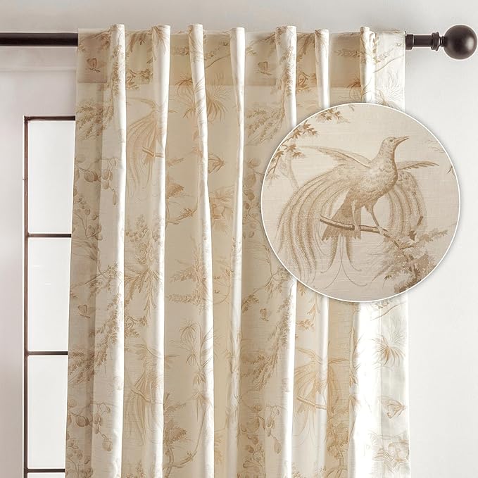 Maison d' Hermine Curtains for Living Room 100% Cotton 124 inch Length One Panel Light Filtering Toile Curtains for Bedroom Windows with Rod and Loop Pockets Drapes (Paradise Almond, 50" W x 124" L)