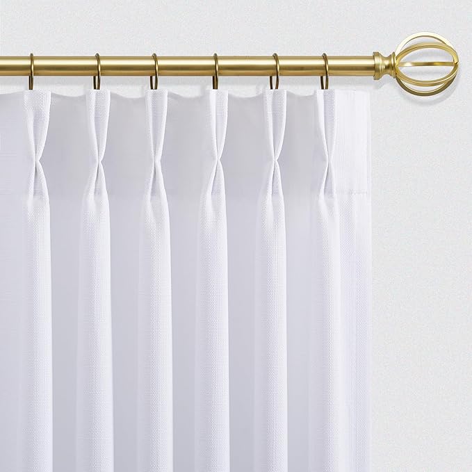White Pinch Pleated Linen Curtains 63 Inch Length for Kitchen Small Windows, Light Filtering Pleat Privacy Short Curtain Back Tab 2 Panels Off White Memory Trained Bedroom Drapes 40" x 63"