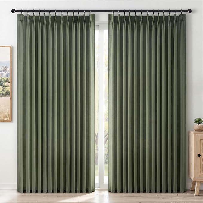 Topfinel Pinch Pleated Curtains 90 Inches Long 2 Panels Set,Olive Green Semi Sheer Cotton Blend Fabric Aesthetic Advanced Curtain Drapes for Living Room Bedroom,72x90 inch Length