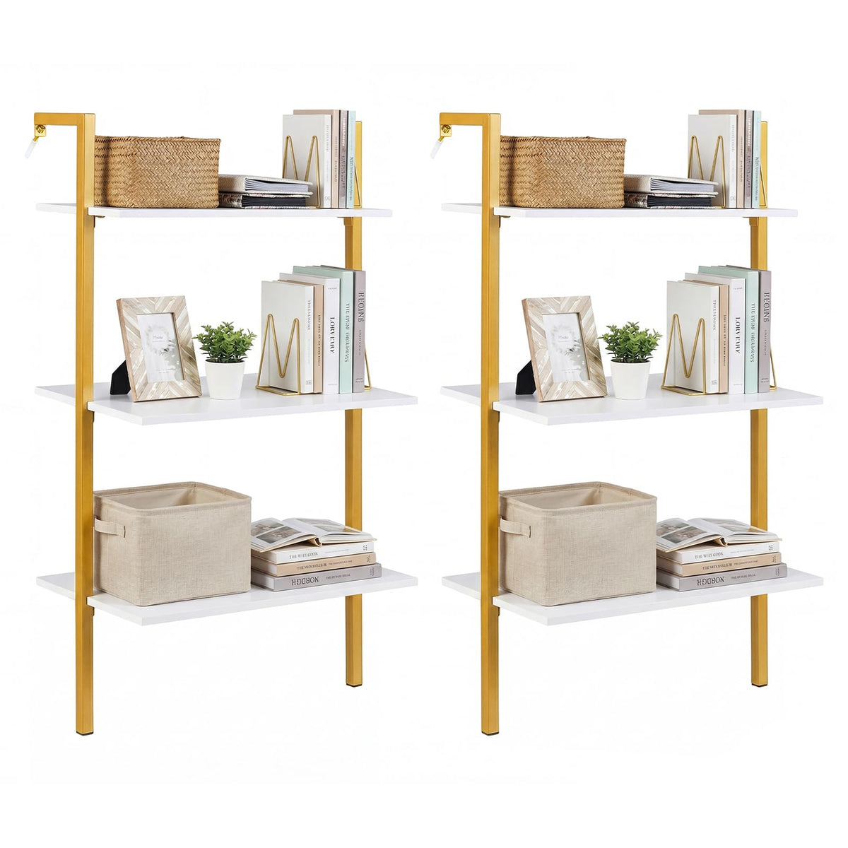 GIANTEX Ladder Shelf Set of 2, 3-Tier Wood Wall Mounted Bookshelf with Metal Frame, Modern Open Storage Rack and Display Shelves, Wooden Floating Shelving Unit for Living Room, Home Office