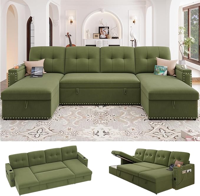 HIFIT 106" Sectional Couches for Living Room- Pull Out Sleeper Sofa Couch w/Storage Chaise,Storage Armrest,LED Light&USB Port&Cupholder,Modern Velvet U Shaped Home Sofa Living Room Furniture Set,Green