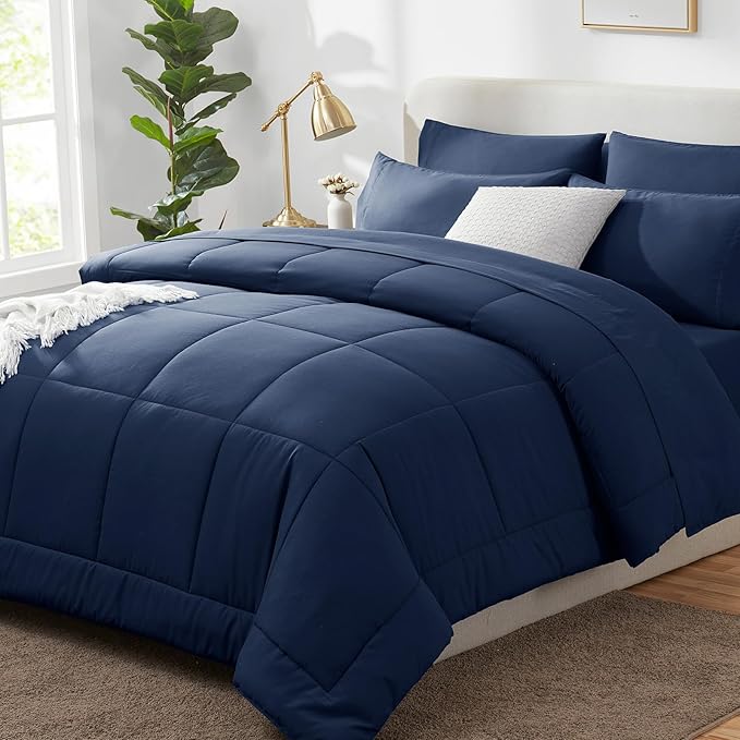 CozyLux Oversized Queen Comforter Sets Navy Blue, 7 Pieces Bed in a Bag, Ultra-Soft All Season Bedding Sets with Stitch Quilted Comforter, Flat Sheet, Fitted Sheet, Pillowcases, Navy Blue