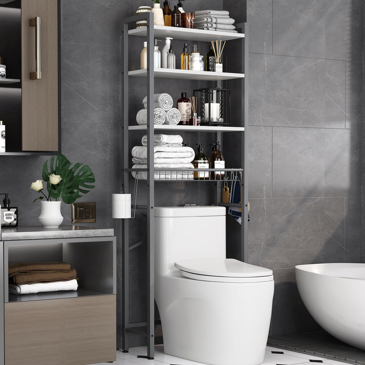 Kalrin Over-The-Toilet Storage Rack, 4-Tier Bathroom Organizer Shelf Over Toilet with Adjustable Shelf and Basket, Freestanding Space Saver Bathroom Shelves Above Toilet for Room (Gray- White)