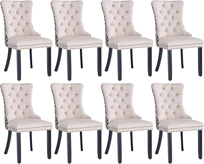 SoarFlash Velvet Dining Chairs Set of 8, Tall Back Side Chair, Modern Upholstered Side Chair with Button Back Ring, Solid Wood Legs (White&Plaid)